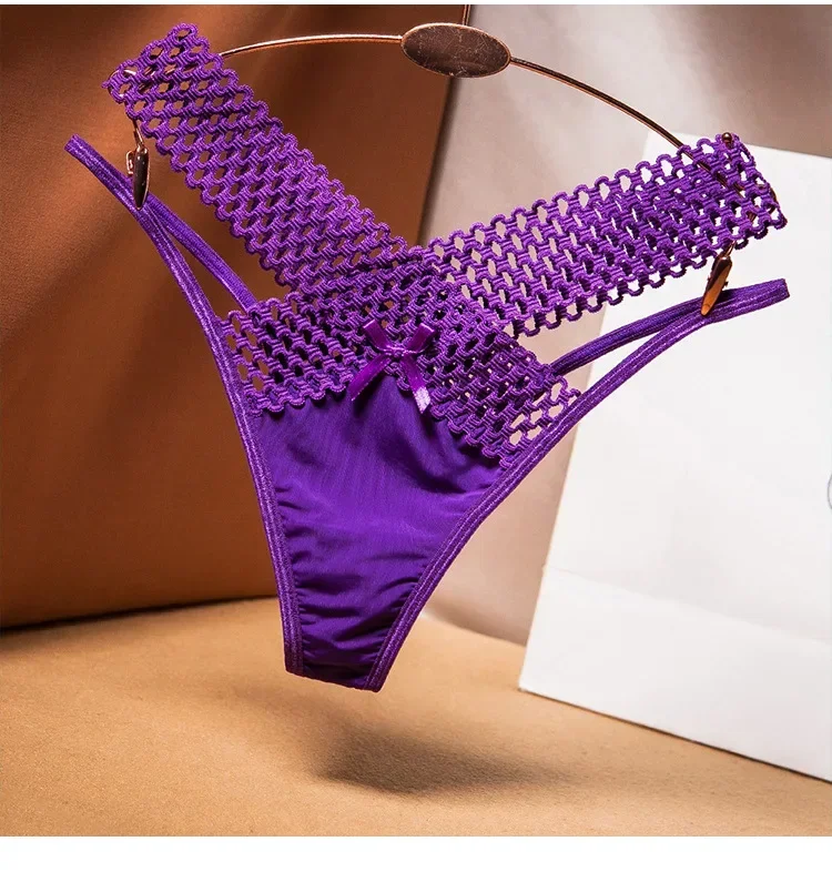 2024 Women's Panties Cross Cut Ice Silk Thong Sports Fashion Perspective Low Waist Ribbons Трусы Женские Sexy Lingerie Thongs