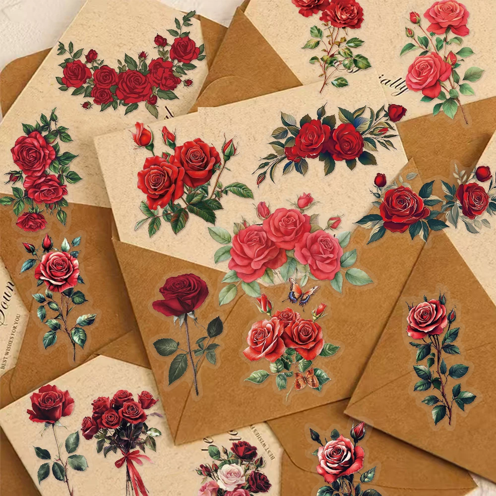 50PCS Retro Red Rose High Beauty Graffiti Stickers DIY Handbooks, Phone Cases, Notebook PET Waterproof Stickers
