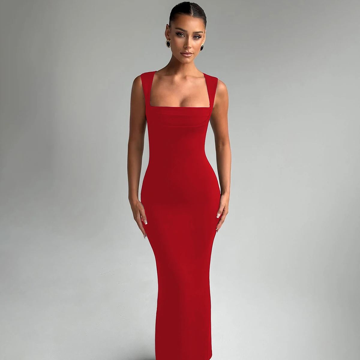Hugcitar Women Elegant Solid Square Collar Straps Sexy Bodycon Maxi Prom Dress Summer Women Y2K Clothes Evening Party Birthday