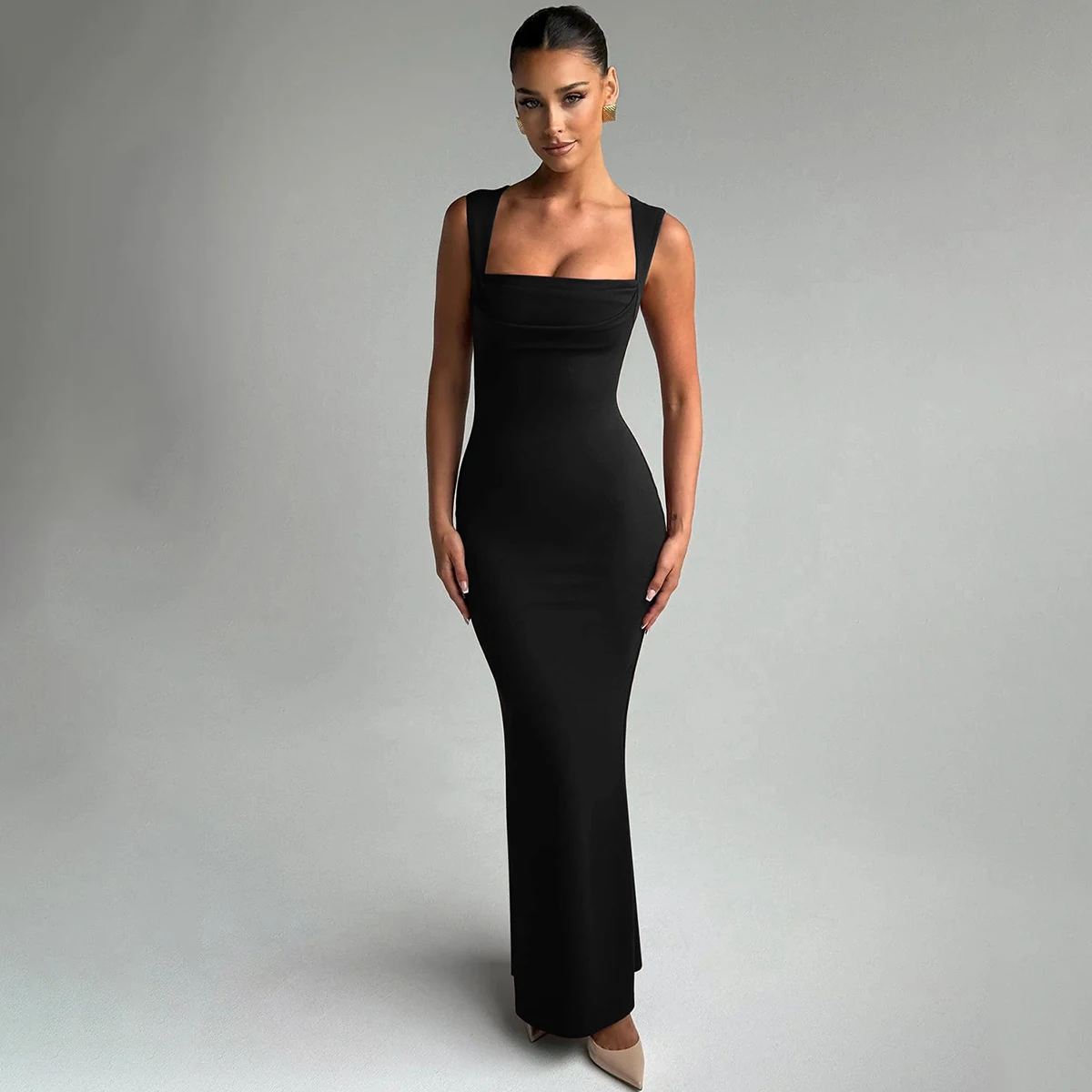 Hugcitar Women Elegant Solid Square Collar Straps Sexy Bodycon Maxi Prom Dress Summer Women Y2K Clothes Evening Party Birthday