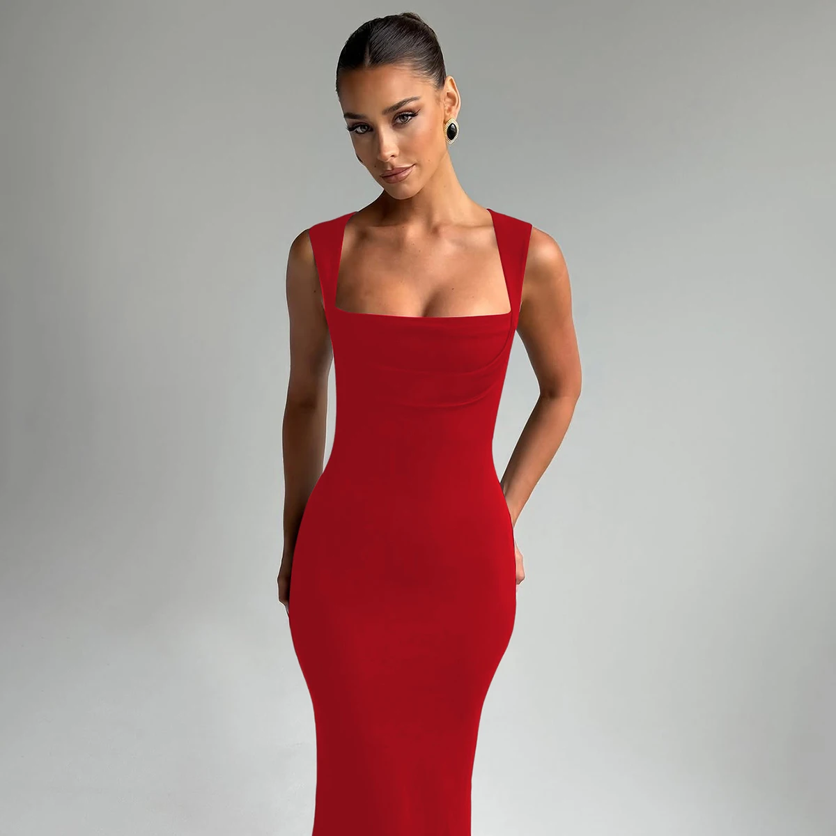 Hugcitar Women Elegant Solid Square Collar Straps Sexy Bodycon Maxi Prom Dress Summer Women Y2K Clothes Evening Party Birthday