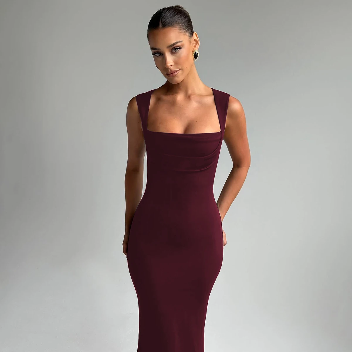Hugcitar Women Elegant Solid Square Collar Straps Sexy Bodycon Maxi Prom Dress Summer Women Y2K Clothes Evening Party Birthday