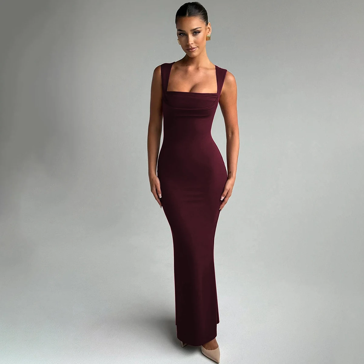 Hugcitar Women Elegant Solid Square Collar Straps Sexy Bodycon Maxi Prom Dress Summer Women Y2K Clothes Evening Party Birthday