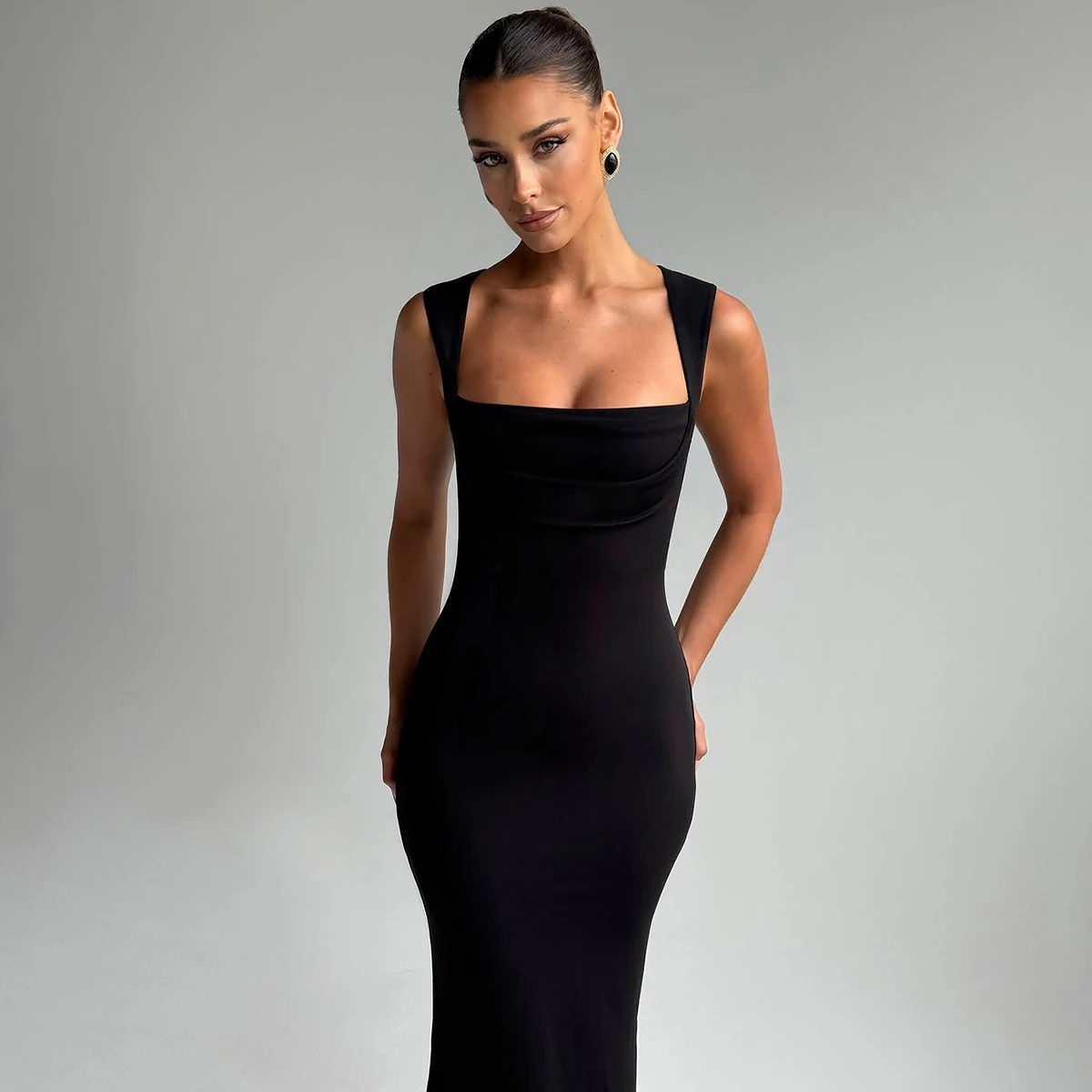 Hugcitar Women Elegant Solid Square Collar Straps Sexy Bodycon Maxi Prom Dress Summer Women Y2K Clothes Evening Party Birthday