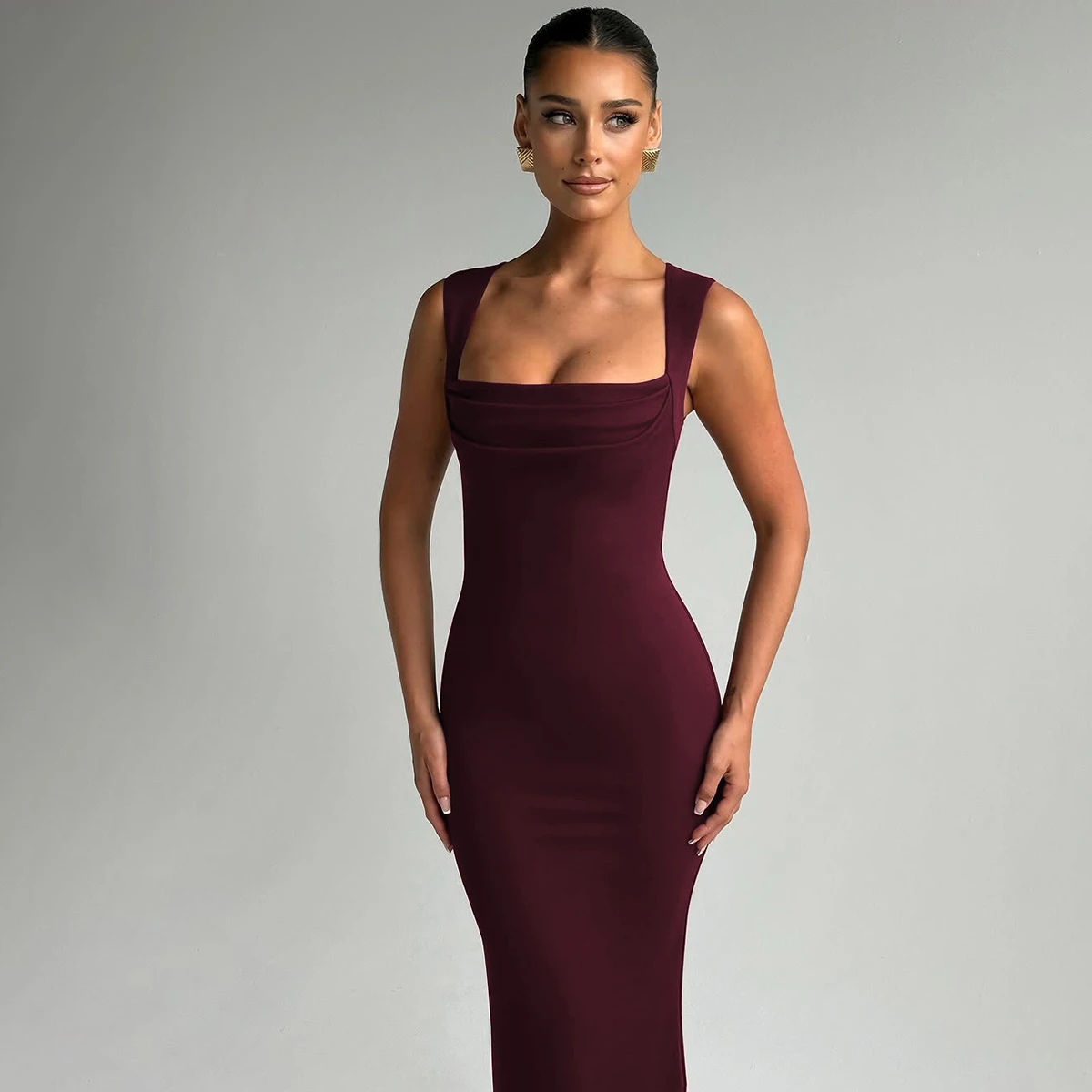 Hugcitar Women Elegant Solid Square Collar Straps Sexy Bodycon Maxi Prom Dress Summer Women Y2K Clothes Evening Party Birthday