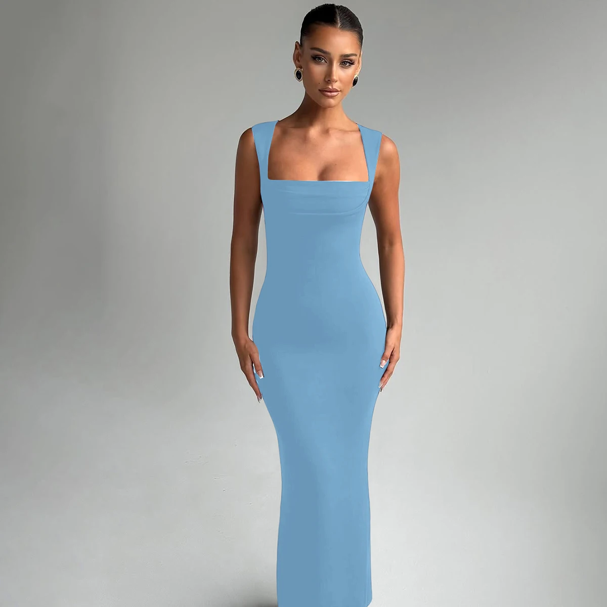 Hugcitar Women Elegant Solid Square Collar Straps Sexy Bodycon Maxi Prom Dress Summer Women Y2K Clothes Evening Party Birthday