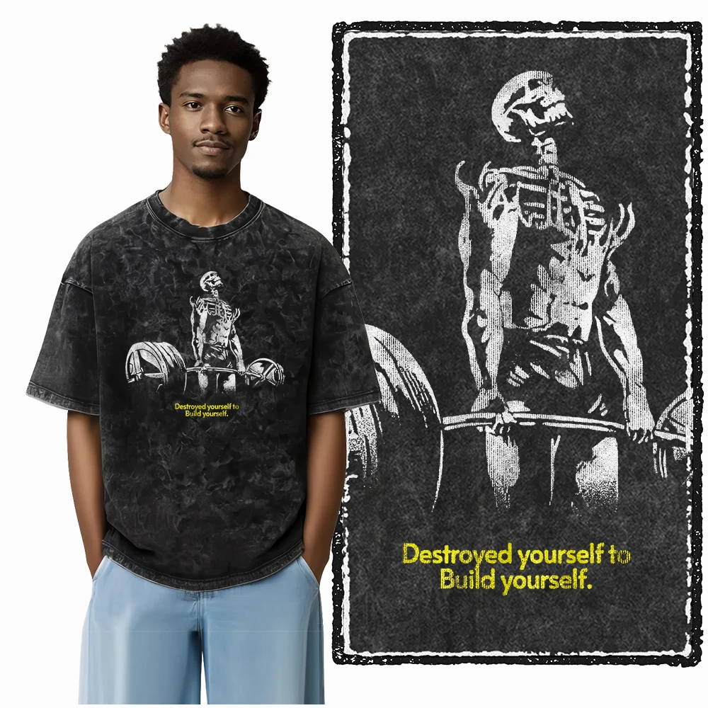 YG BODY BUILDING Printed Cotton Acid Washed Graphic Unisex T Shirt Cool CROSSFIT Streetwear Men Tshirts Big Size Tee for Men