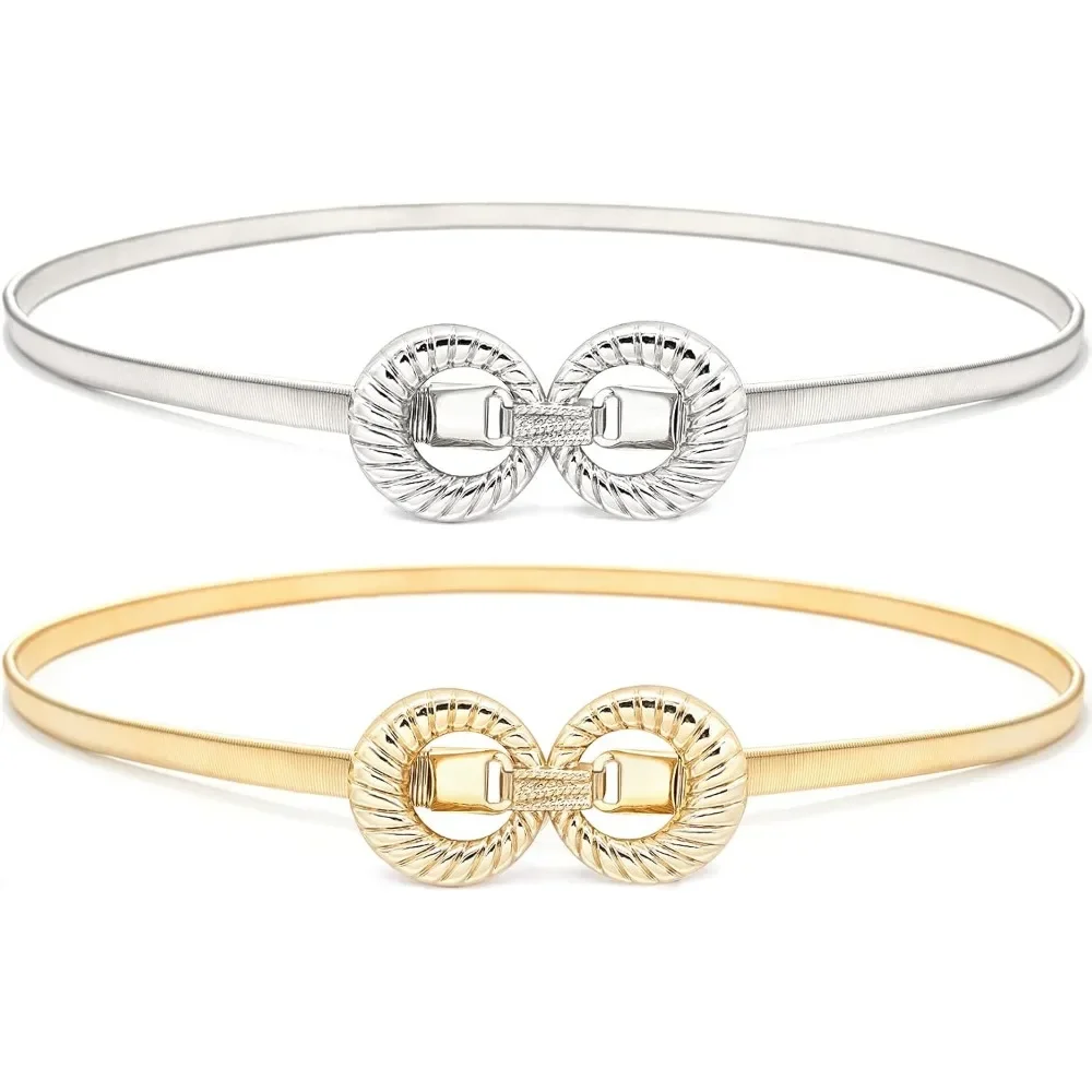 Glamorstar 2 Pieces Metal Stretch Elastic Waist Belt Skinny Thin Belt for Women Dress