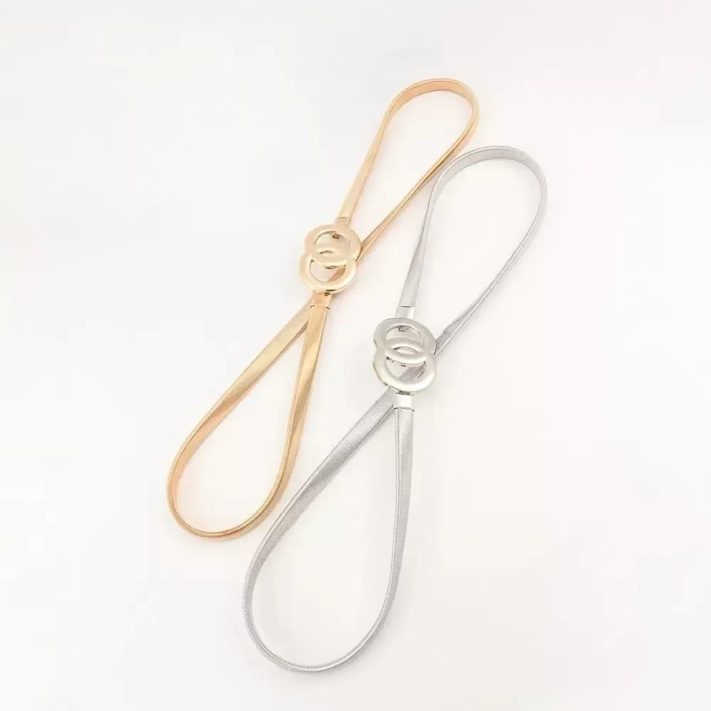 Glamorstar 2 Pieces Metal Stretch Elastic Waist Belt Skinny Thin Belt for Women Dress