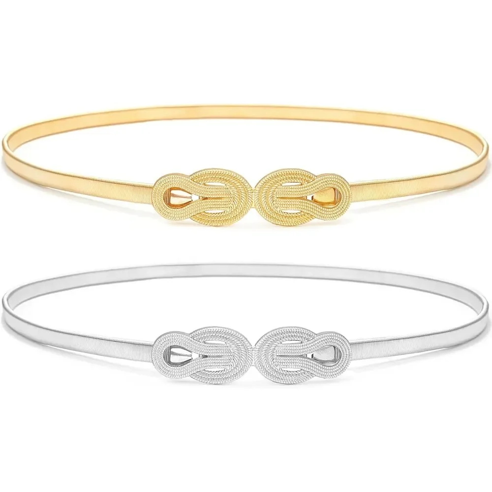 Glamorstar 2 Pieces Metal Stretch Elastic Waist Belt Skinny Thin Belt for Women Dress
