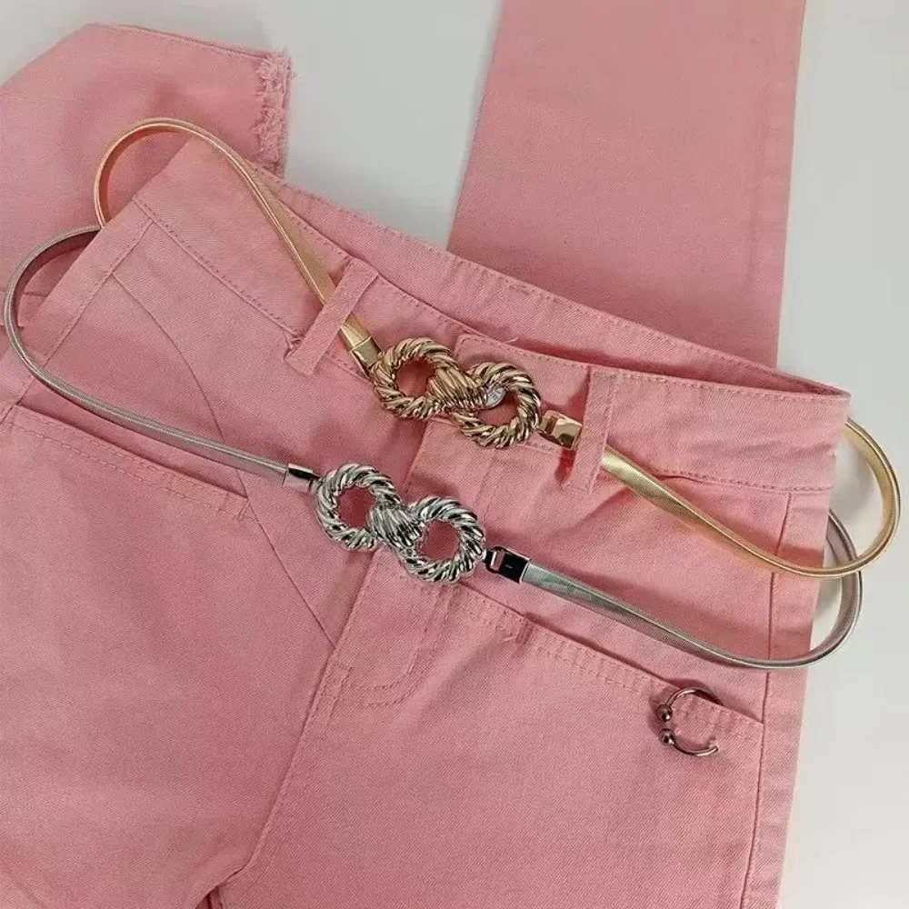 Glamorstar 2 Pieces Metal Stretch Elastic Waist Belt Skinny Thin Belt for Women Dress