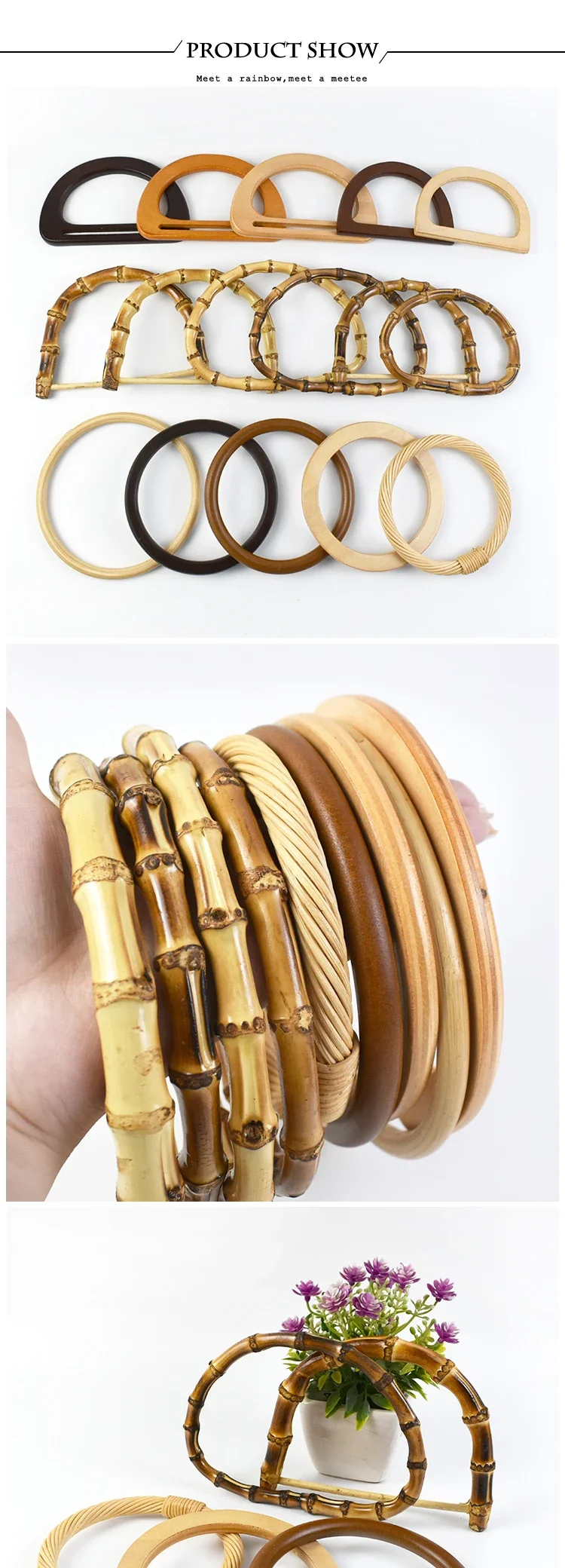1/2/4Pcs D Shape Ring Bamboo Handle Wood Bags Handles for Handbag Woven Bag Belt Straps Replace DIY Accessories