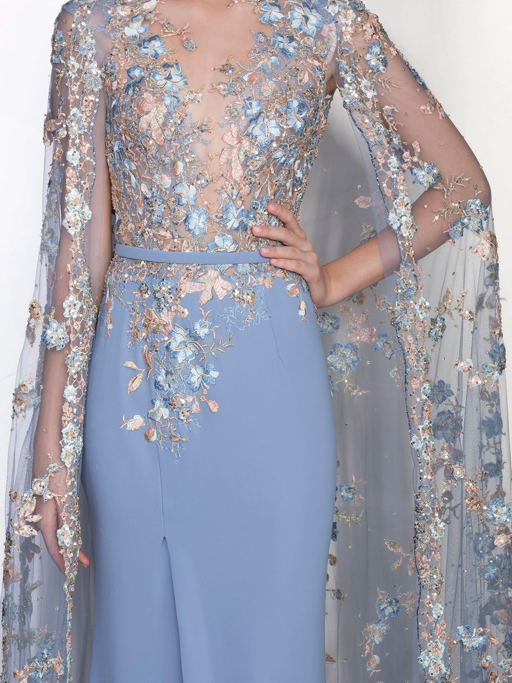Blue Gorgeous Mermaid Evening Dress With Cape Classy Women Customized Appliques Chic Cocktail Gown Romantic Side Slit Prom Dress