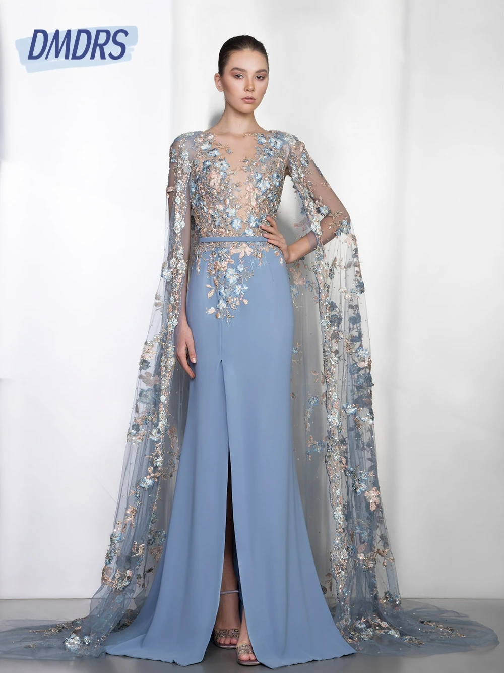 Blue Gorgeous Mermaid Evening Dress With Cape Classy Women Customized Appliques Chic Cocktail Gown Romantic Side Slit Prom Dress