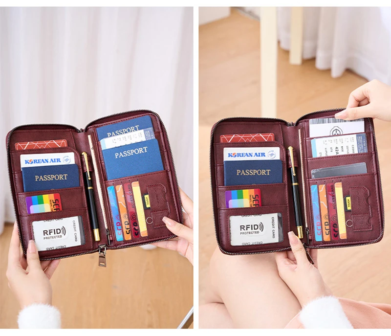 New Travel Passport Clip Wallet Women and Men Multifunctional PU Leather Card Holde RFID Anti Theft Swiping Wallets Storage Bag