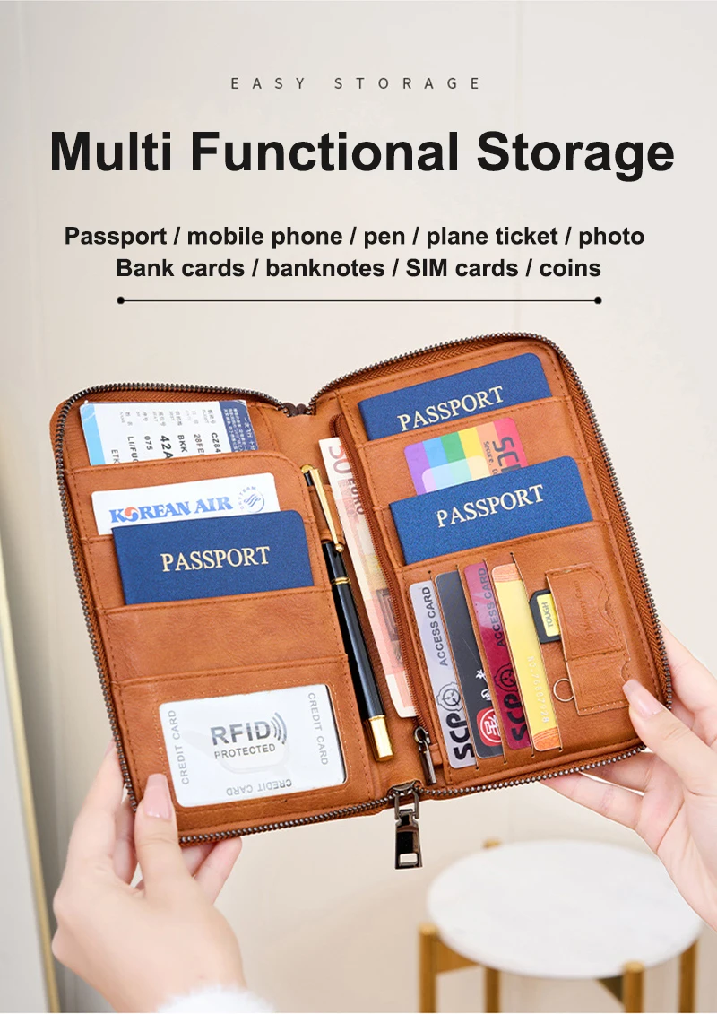 New Travel Passport Clip Wallet Women and Men Multifunctional PU Leather Card Holde RFID Anti Theft Swiping Wallets Storage Bag