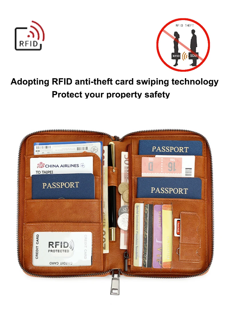 New Travel Passport Clip Wallet Women and Men Multifunctional PU Leather Card Holde RFID Anti Theft Swiping Wallets Storage Bag