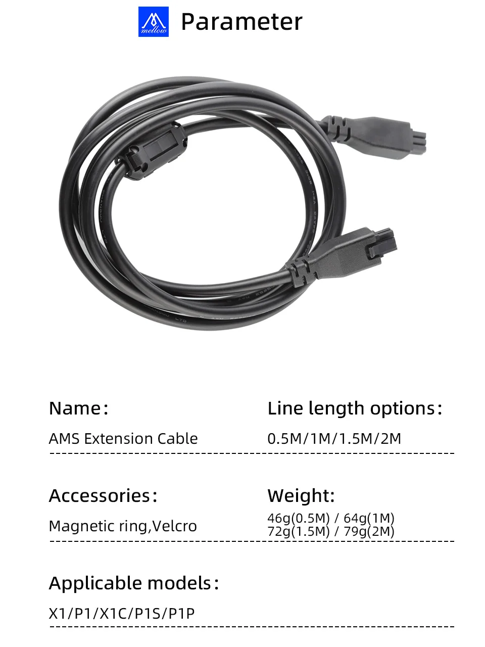 Mellow Premium 6-pin Extension Cable For Bambu Lab AMS X1 X1C P1P P1S 3D Printers AMS 0.5/1/1.5/2 Meters With Megnetic Ring