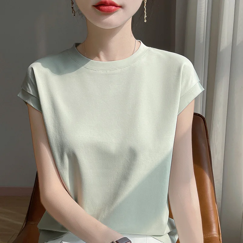 100% Mercerized Cotton O-neck T-shirt Summer Solid Color Sleeve Top Casual And Comfortable Short-sleeved Women's Clothes