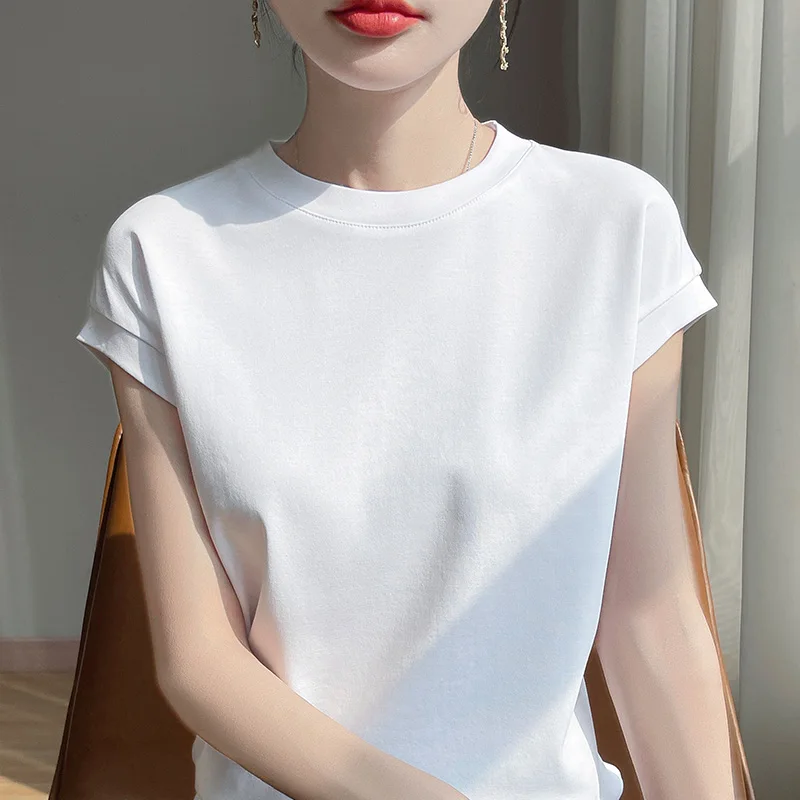 100% Mercerized Cotton O-neck T-shirt Summer Solid Color Sleeve Top Casual And Comfortable Short-sleeved Women's Clothes