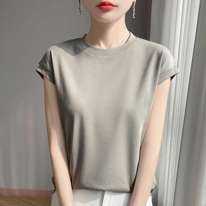 100% Mercerized Cotton O-neck T-shirt Summer Solid Color Sleeve Top Casual And Comfortable Short-sleeved Women's Clothes