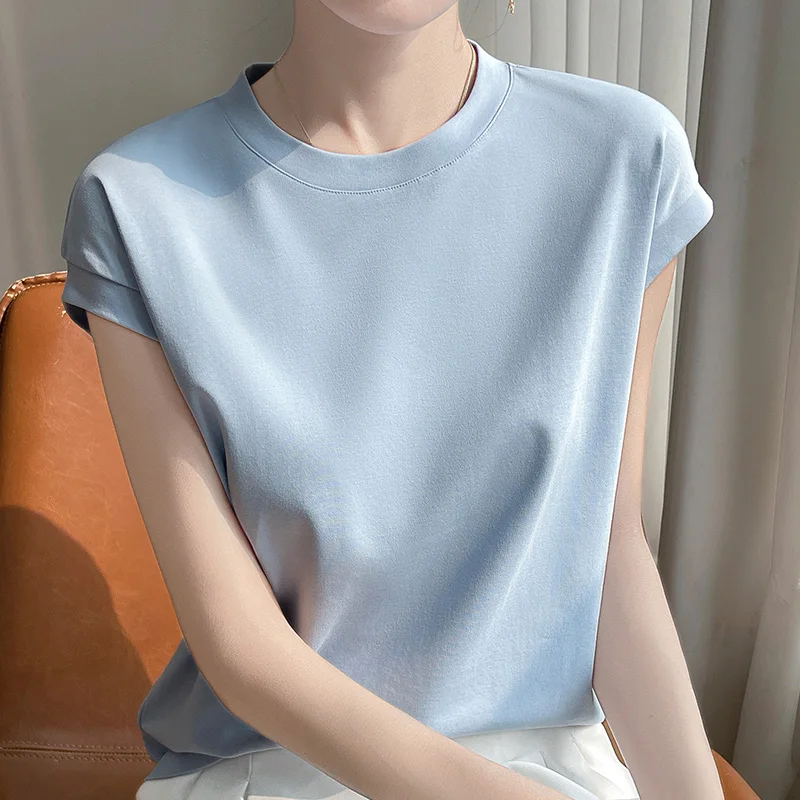 100% Mercerized Cotton O-neck T-shirt Summer Solid Color Sleeve Top Casual And Comfortable Short-sleeved Women's Clothes