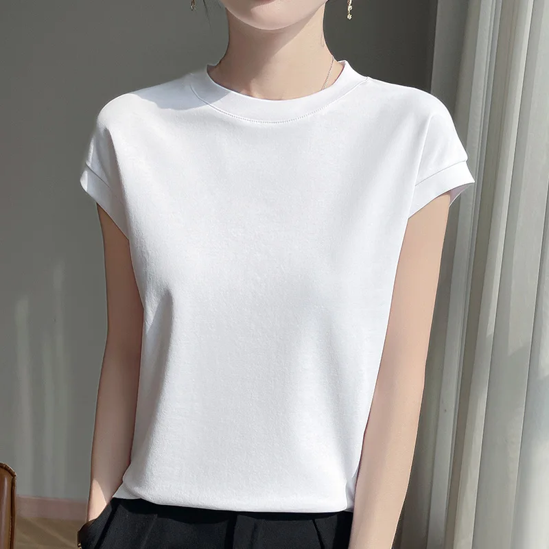 100% Mercerized Cotton O-neck T-shirt Summer Solid Color Sleeve Top Casual And Comfortable Short-sleeved Women's Clothes