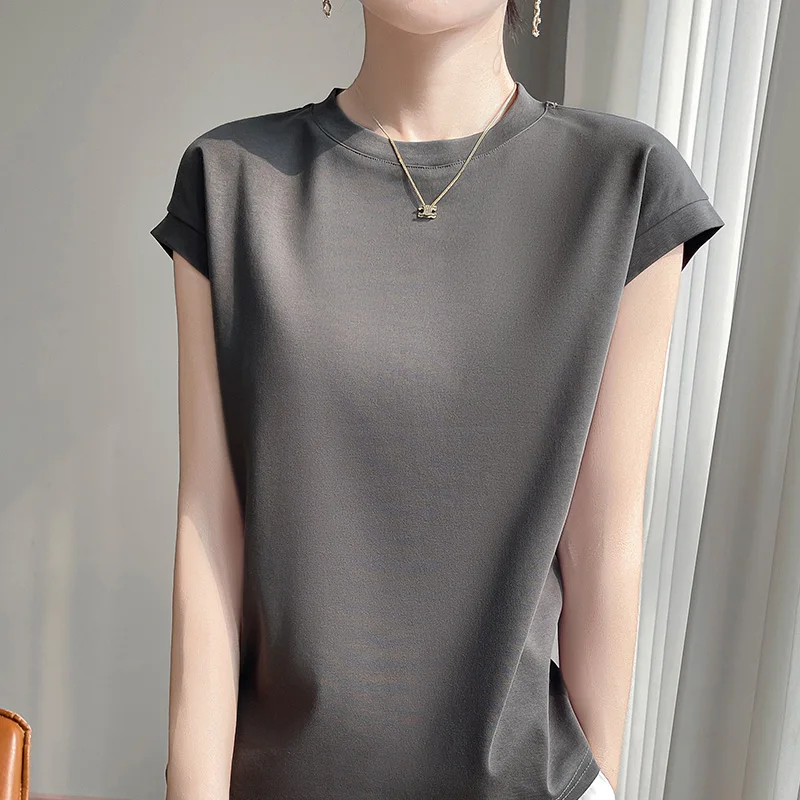 100% Mercerized Cotton O-neck T-shirt Summer Solid Color Sleeve Top Casual And Comfortable Short-sleeved Women's Clothes