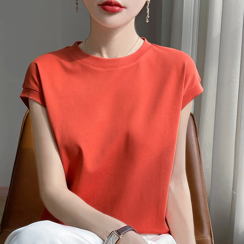 100% Mercerized Cotton O-neck T-shirt Summer Solid Color Sleeve Top Casual And Comfortable Short-sleeved Women's Clothes