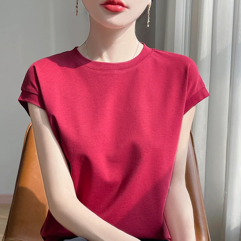 100% Mercerized Cotton O-neck T-shirt Summer Solid Color Sleeve Top Casual And Comfortable Short-sleeved Women's Clothes