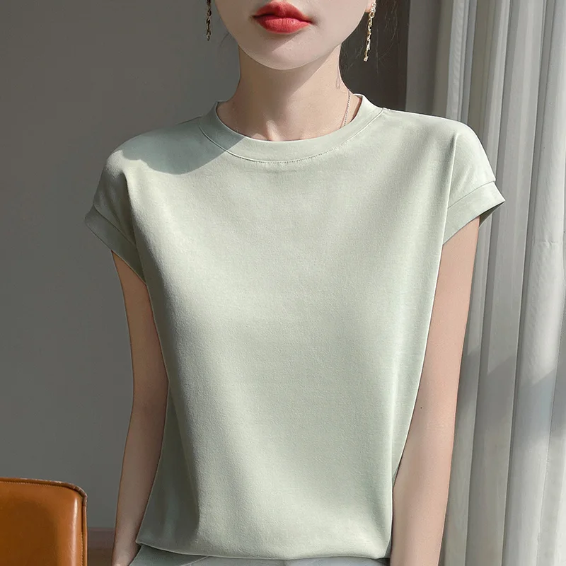 100% Mercerized Cotton O-neck T-shirt Summer Solid Color Sleeve Top Casual And Comfortable Short-sleeved Women's Clothes