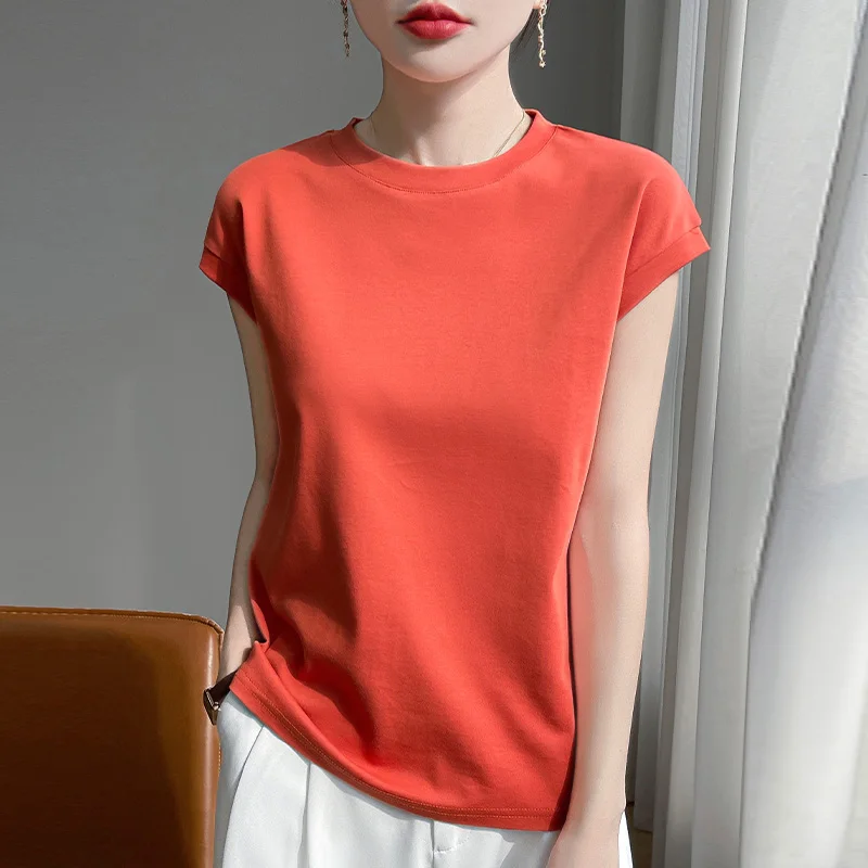 100% Mercerized Cotton O-neck T-shirt Summer Solid Color Sleeve Top Casual And Comfortable Short-sleeved Women's Clothes