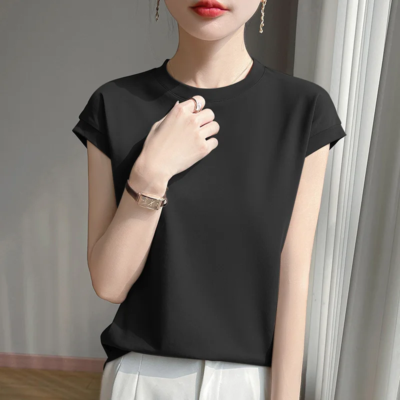 100% Mercerized Cotton O-neck T-shirt Summer Solid Color Sleeve Top Casual And Comfortable Short-sleeved Women's Clothes