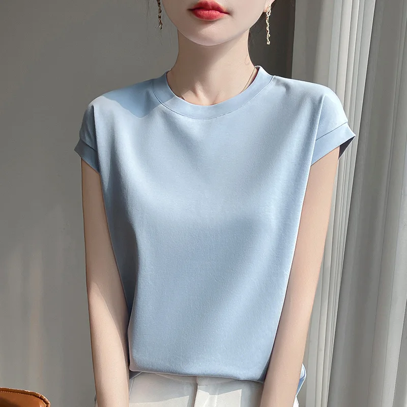 100% Mercerized Cotton O-neck T-shirt Summer Solid Color Sleeve Top Casual And Comfortable Short-sleeved Women's Clothes