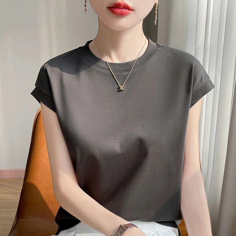 100% Mercerized Cotton O-neck T-shirt Summer Solid Color Sleeve Top Casual And Comfortable Short-sleeved Women's Clothes