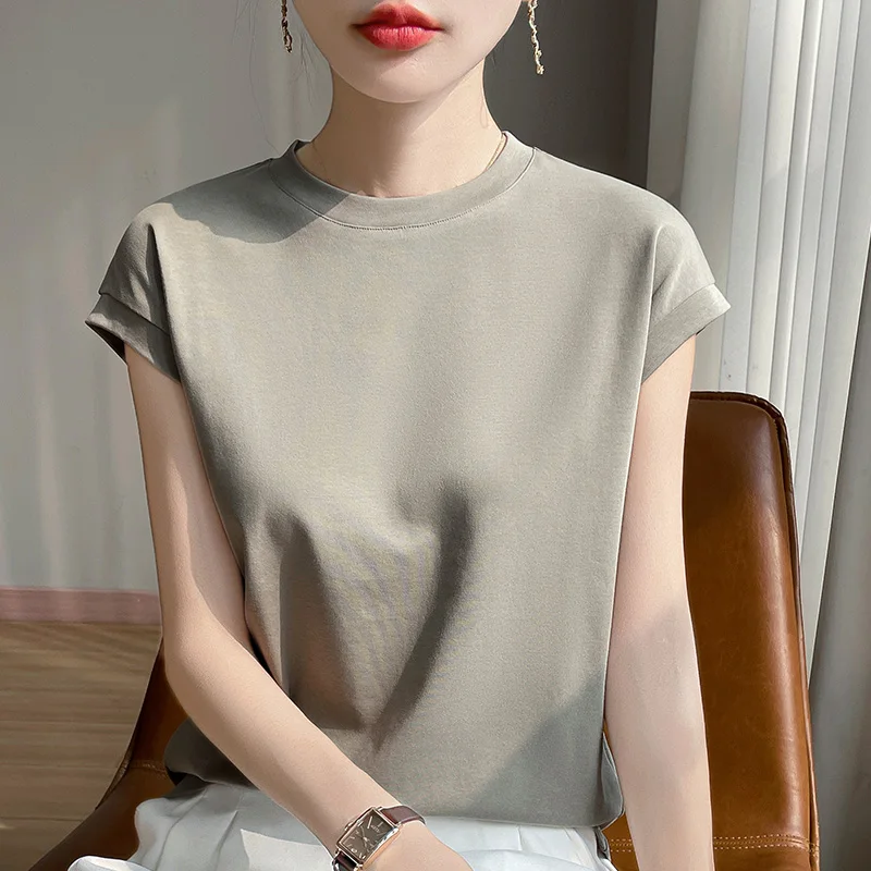 100% Mercerized Cotton O-neck T-shirt Summer Solid Color Sleeve Top Casual And Comfortable Short-sleeved Women's Clothes