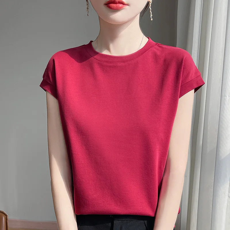 100% Mercerized Cotton O-neck T-shirt Summer Solid Color Sleeve Top Casual And Comfortable Short-sleeved Women's Clothes