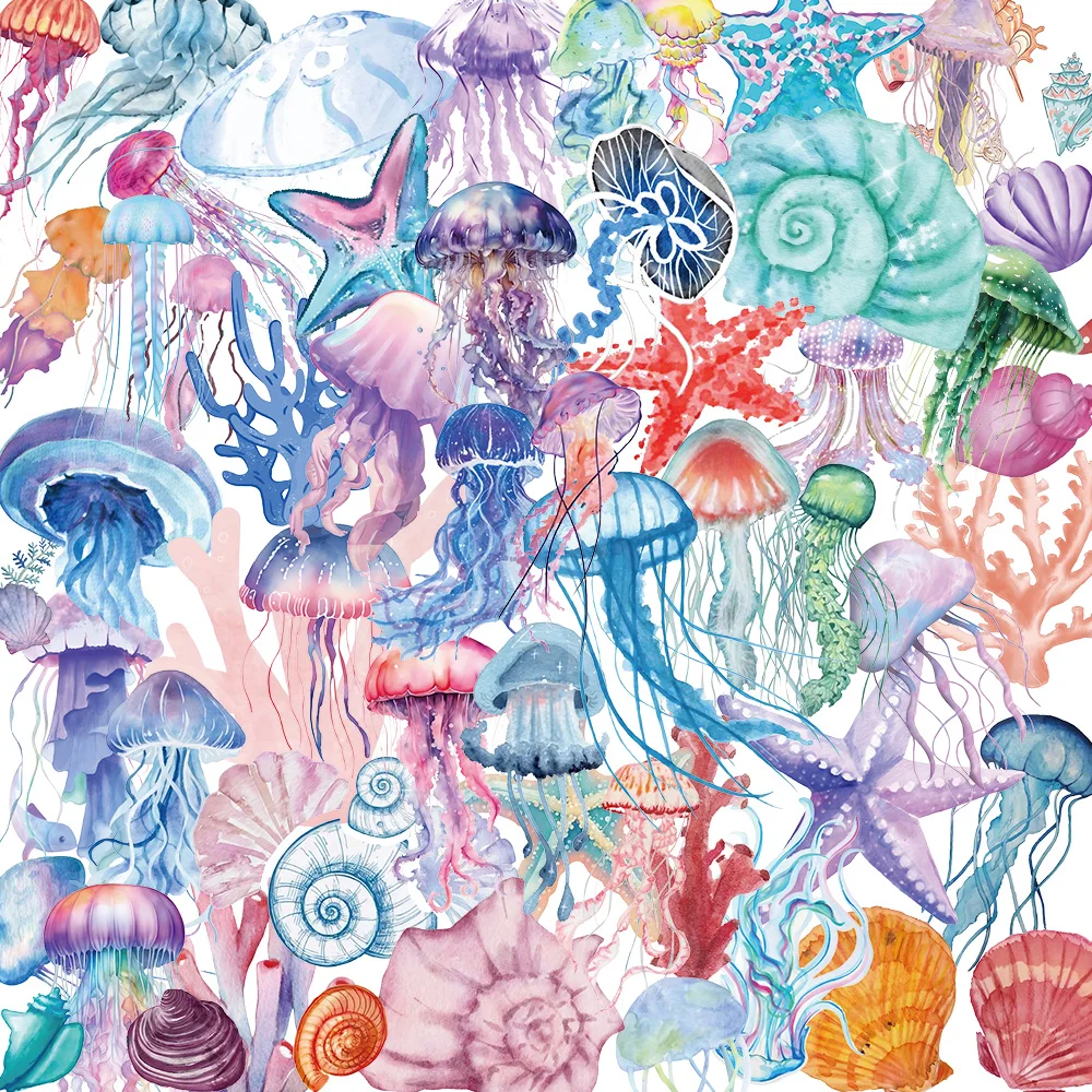 50PCS Set of Tropical Fish Graffiti Stickers Jellyfish Sea Star Shell Coral Stickers Decorative Frame DIY Waterproof Stickers