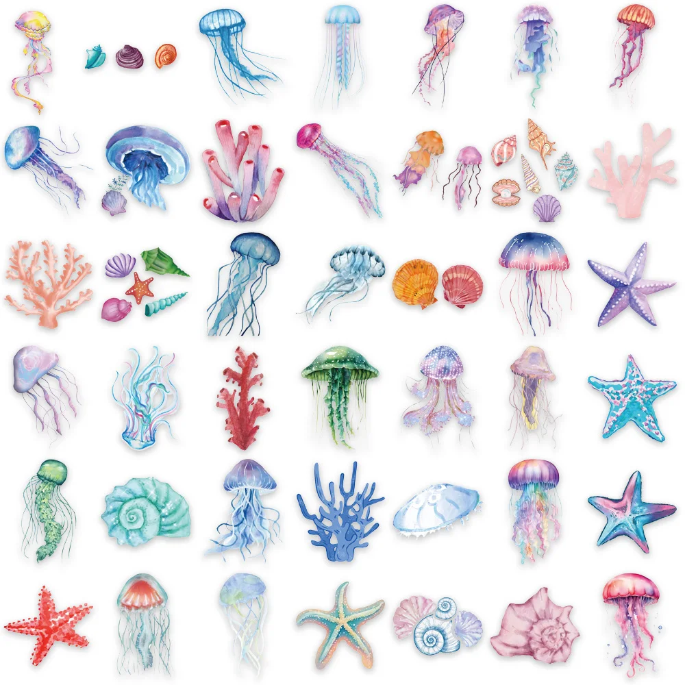 50PCS Set of Tropical Fish Graffiti Stickers Jellyfish Sea Star Shell Coral Stickers Decorative Frame DIY Waterproof Stickers
