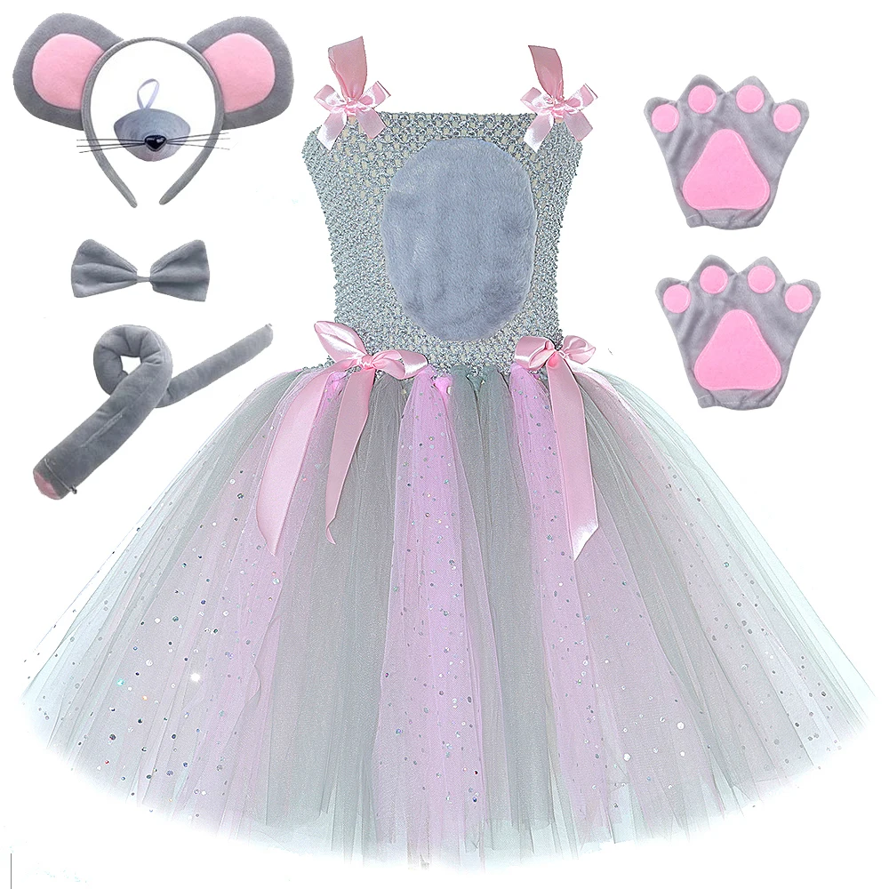 Sparkly Pink Grey Mouse Costumes for Baby Girls Gray Rat Tutu Dress for Kids Animal Halloween Outfits Children Birthday Clothes