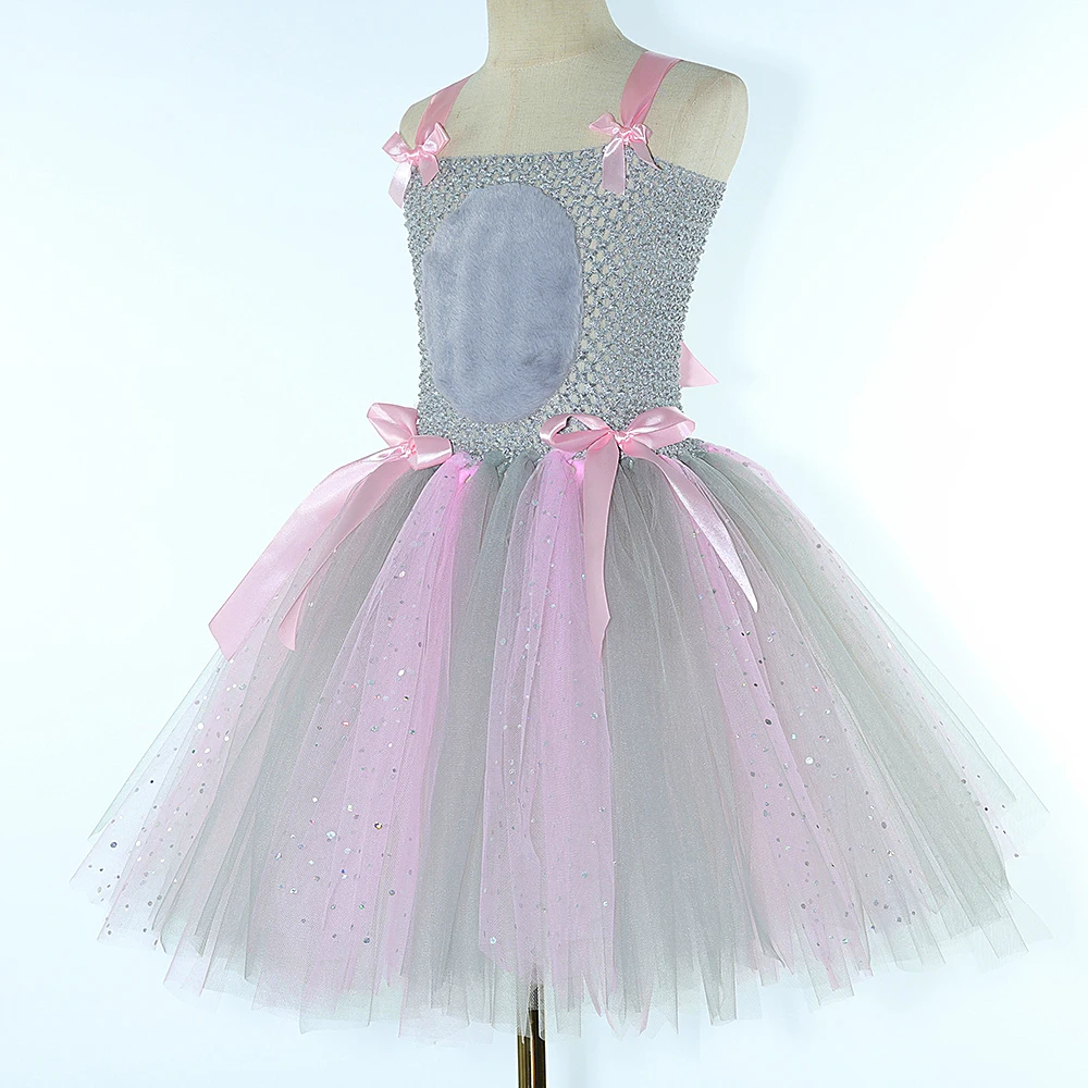 Sparkly Pink Grey Mouse Costumes for Baby Girls Gray Rat Tutu Dress for Kids Animal Halloween Outfits Children Birthday Clothes