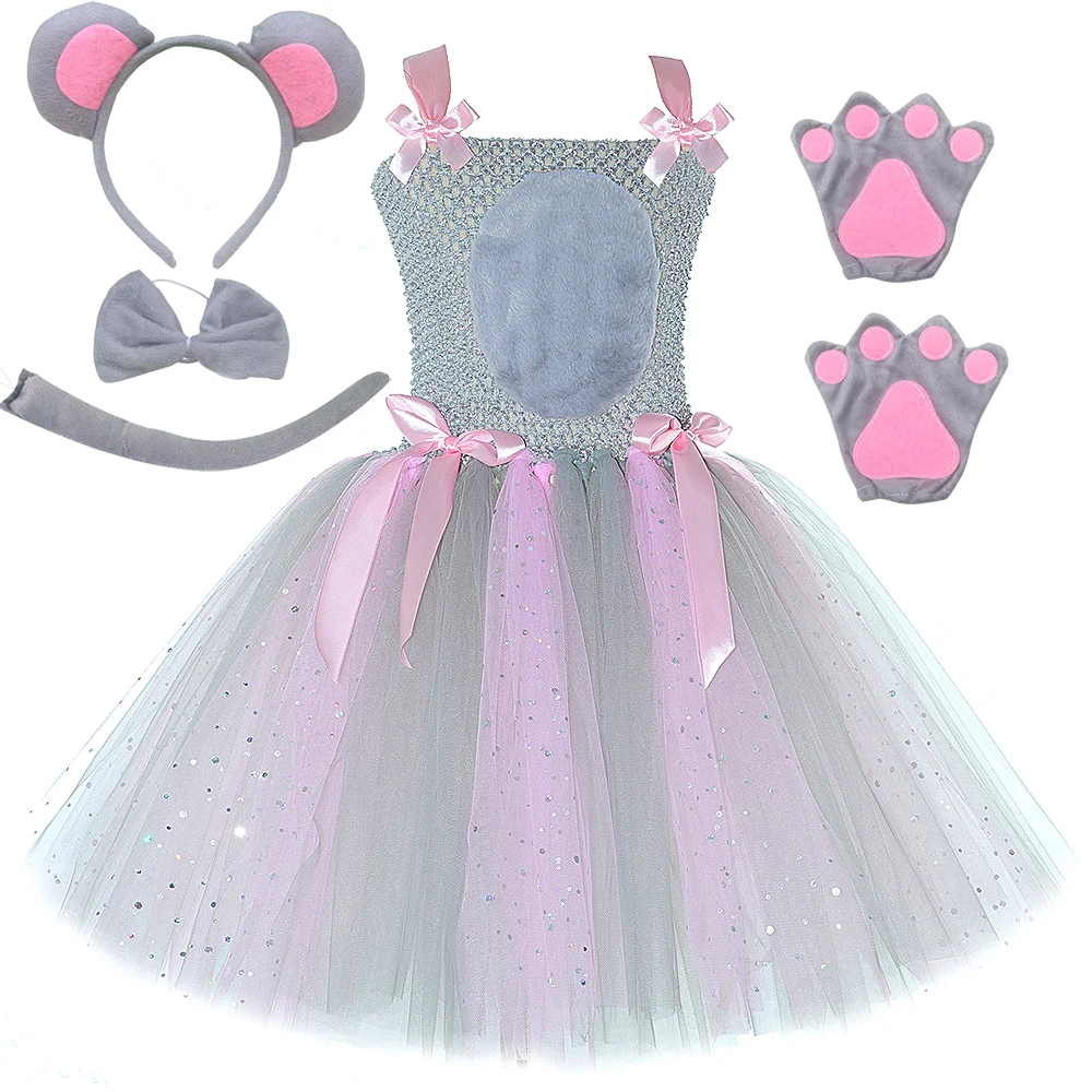 Sparkly Pink Grey Mouse Costumes for Baby Girls Gray Rat Tutu Dress for Kids Animal Halloween Outfits Children Birthday Clothes
