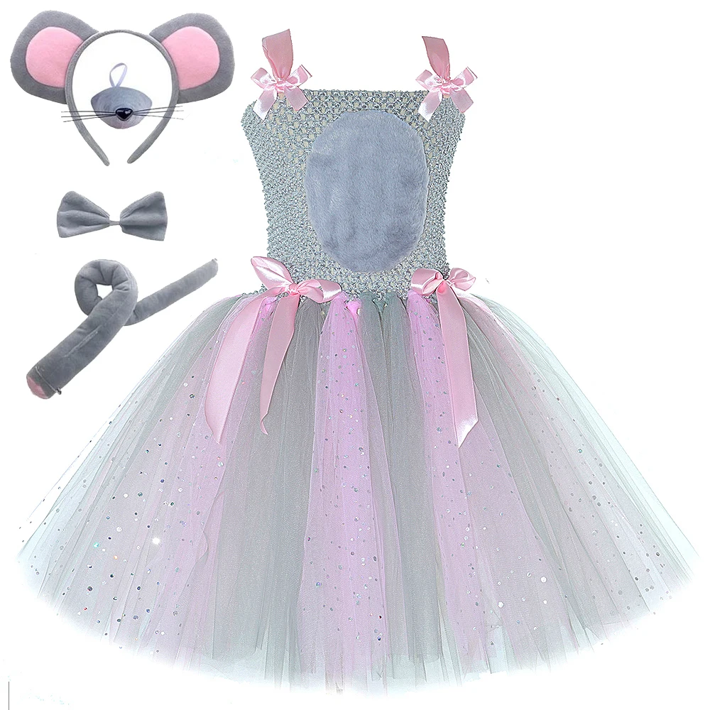 Sparkly Pink Grey Mouse Costumes for Baby Girls Gray Rat Tutu Dress for Kids Animal Halloween Outfits Children Birthday Clothes