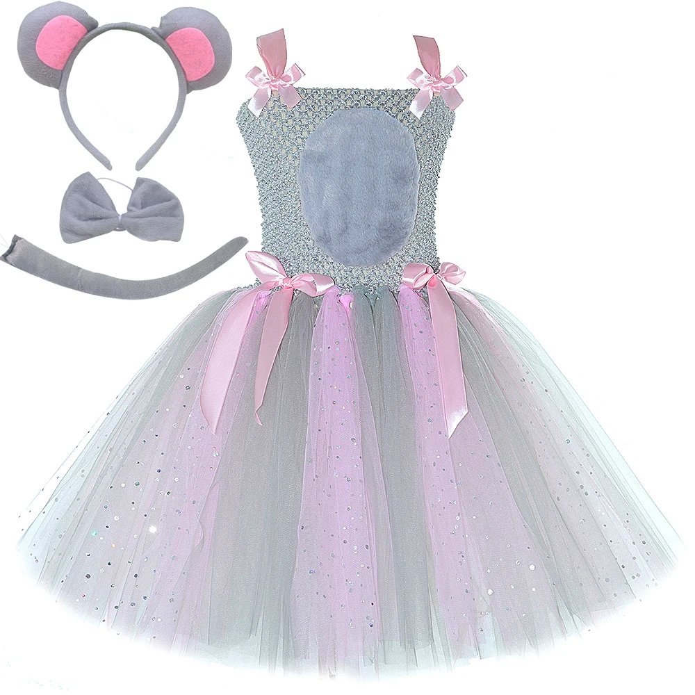 Sparkly Pink Grey Mouse Costumes for Baby Girls Gray Rat Tutu Dress for Kids Animal Halloween Outfits Children Birthday Clothes
