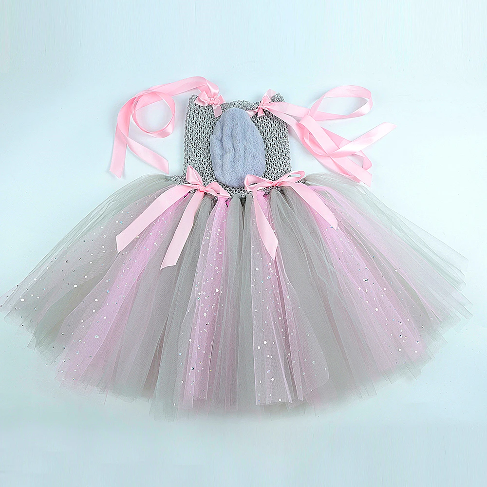 Sparkly Pink Grey Mouse Costumes for Baby Girls Gray Rat Tutu Dress for Kids Animal Halloween Outfits Children Birthday Clothes