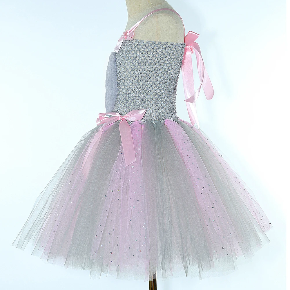 Sparkly Pink Grey Mouse Costumes for Baby Girls Gray Rat Tutu Dress for Kids Animal Halloween Outfits Children Birthday Clothes