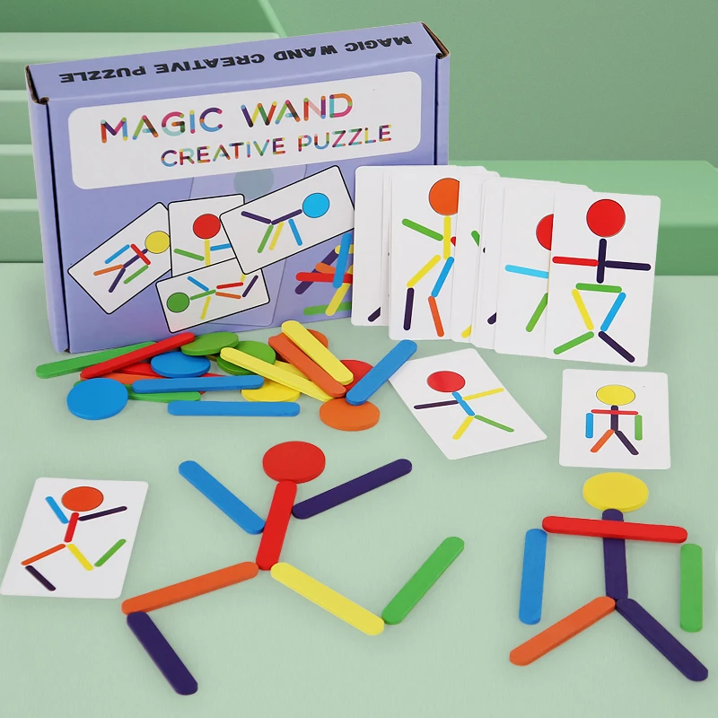 Kids Montessori Fine Motor Training Wooden DIY Shape Matching Puzzle Educational Toys For Children Rainbow Stick Thinking Game