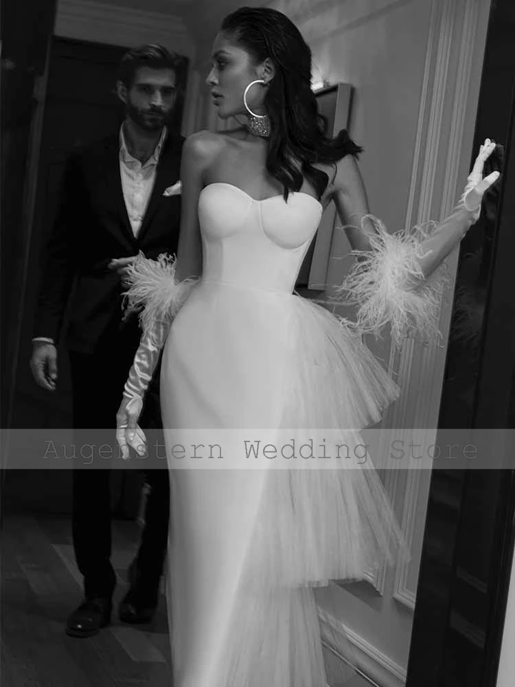 Classy Midi Wedding Dresses Satin Sheath/Column Wedding Party Dress White Sweetheart Tiered Ruched Split Hall Wedding Dress Mid
