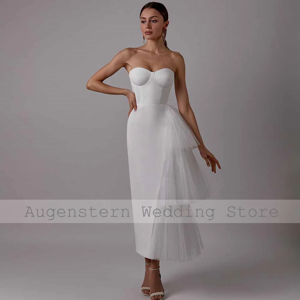 Classy Midi Wedding Dresses Satin Sheath/Column Wedding Party Dress White Sweetheart Tiered Ruched Split Hall Wedding Dress Mid