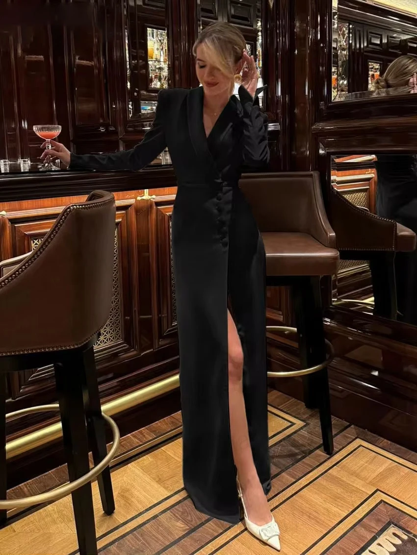 Customized Straight Prom Dresses Floor-Length V-Neck Full Sleeve Evening Gown Simple Button Draped Fashion Party Dresses